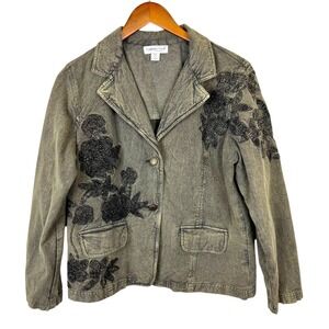 Coldwater Creek Embroidered Denim Blazer Jacket Gray Acid Wash Floral P12 Artsy